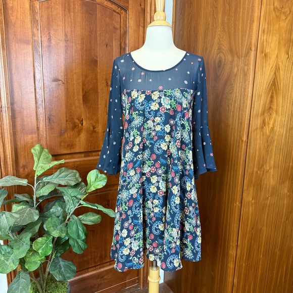 Anthropologie paper crown swing Navy Floral Mini Dress - Picture 3 of 10